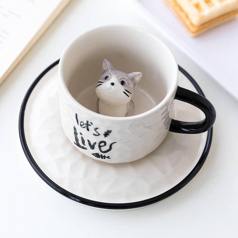 Green Pastures Wholesale - Adorable Ceramic Cat Cup with Saucers