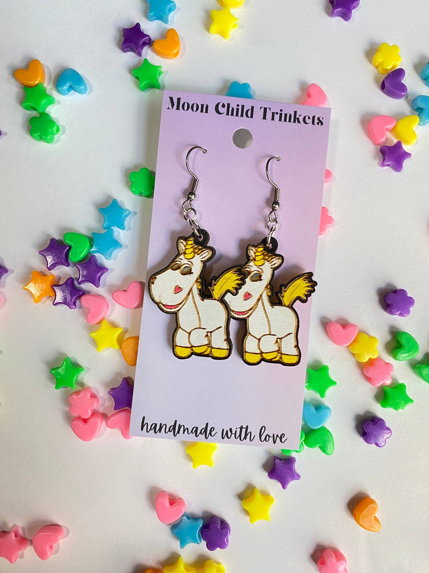 Moon Child Trinkets - Buttercup Unicorn Hand Painted Wood Dangle Earrings