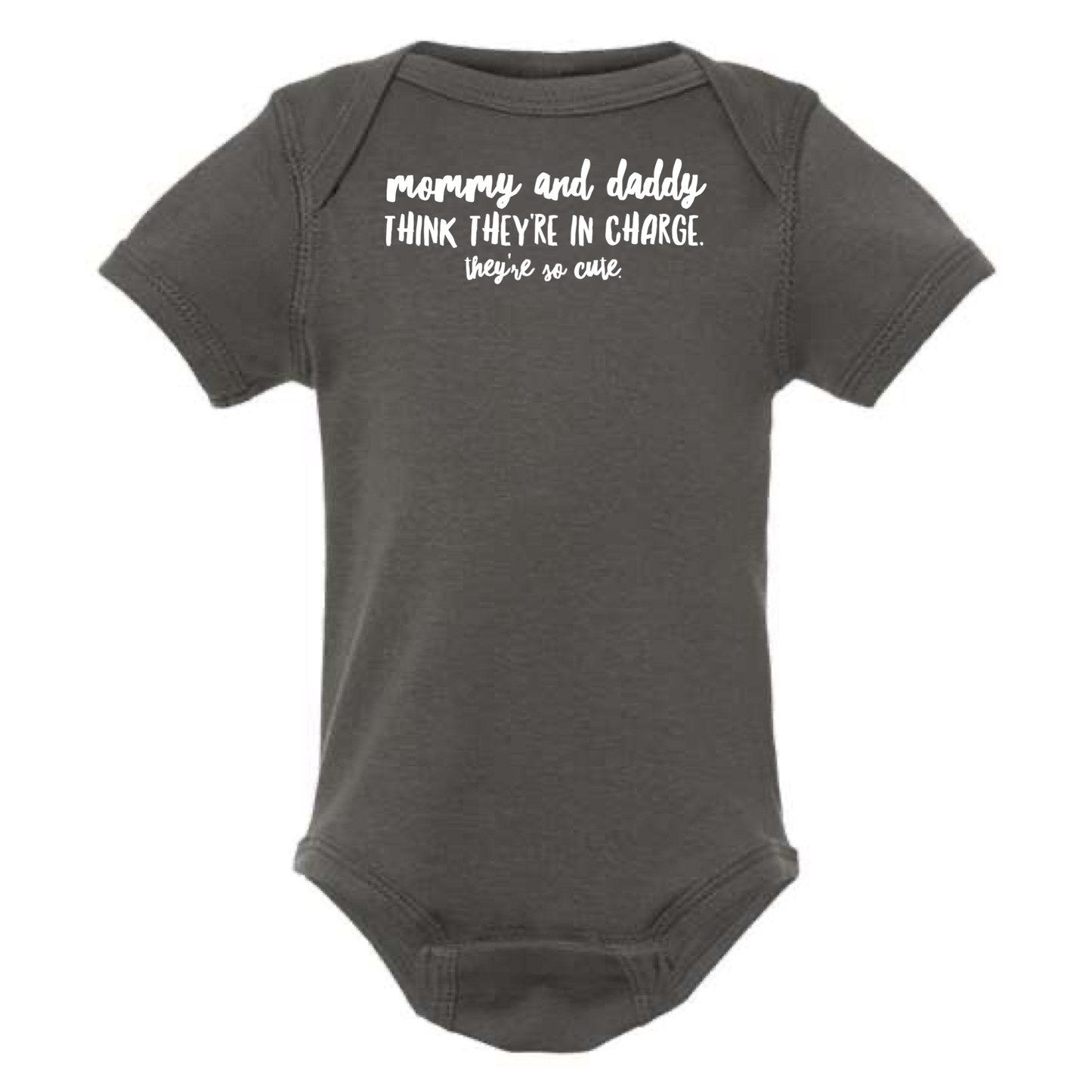 dkhandmade - MOMMY AND DADDY THINK THEY'RE IN CHARGE BABY ONESIE