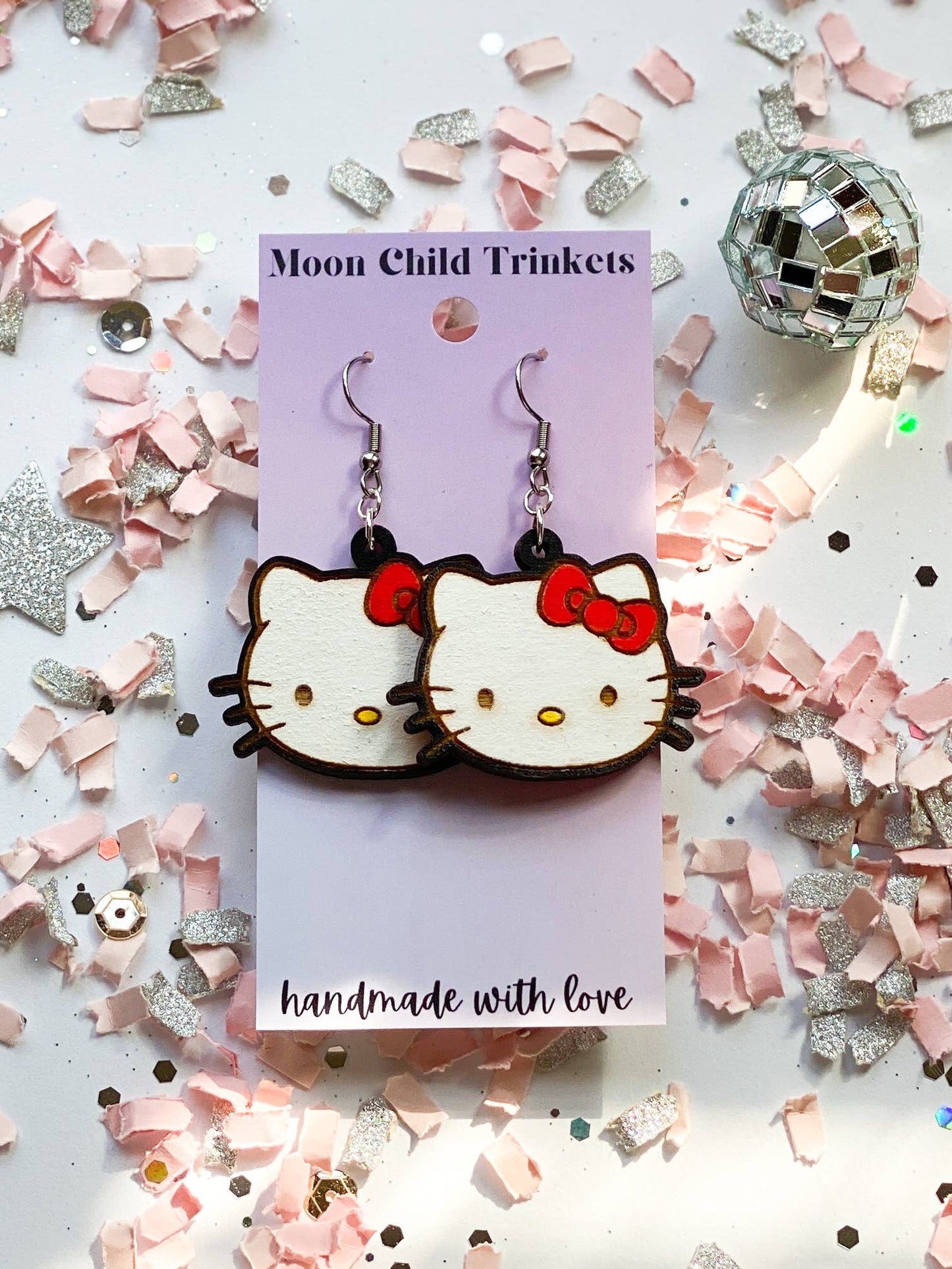 Moon Child Trinkets - Hello Kitty Hand Painted Wood Dangle Earrings