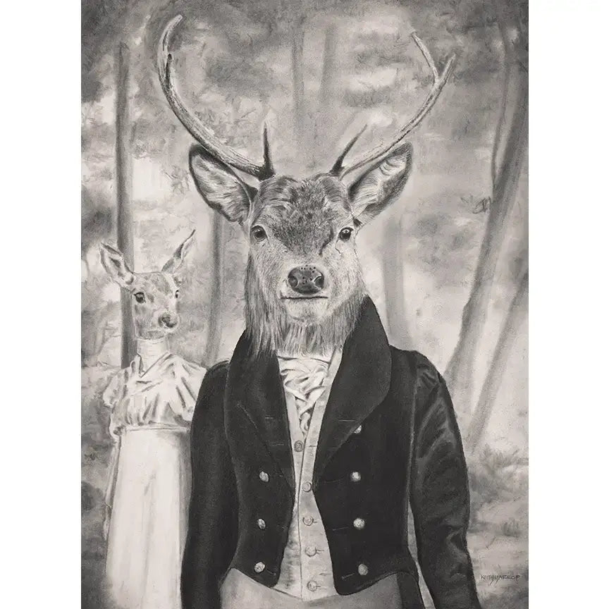 Keith Harrop - Pencil Art - Postcard #40 - Stag in the woods (Regency era) Pencil art