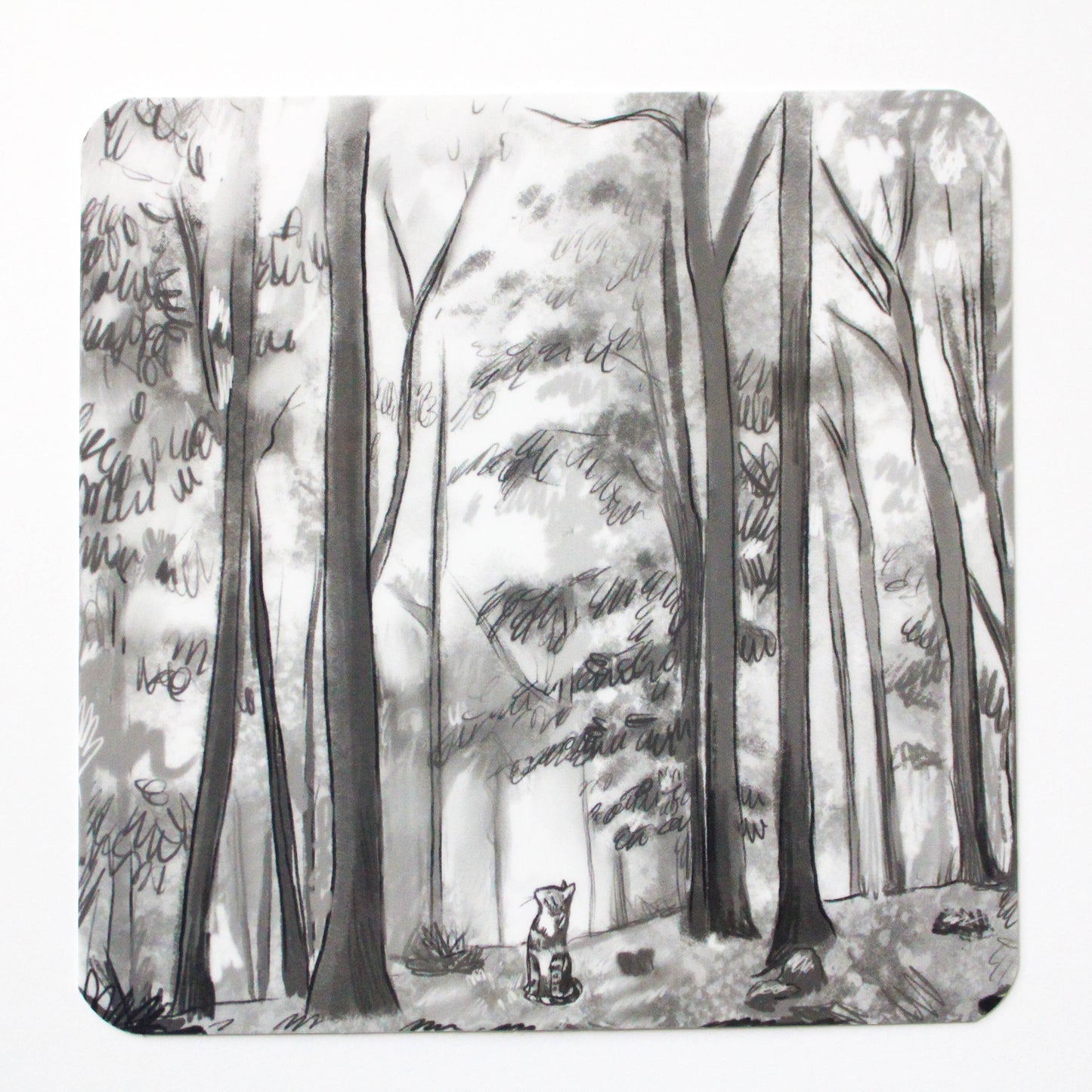 Illustration of a cat in a forest with tall trees