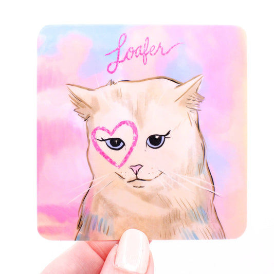 Card with a cat illustration and 'Loafer' text on a colorful background