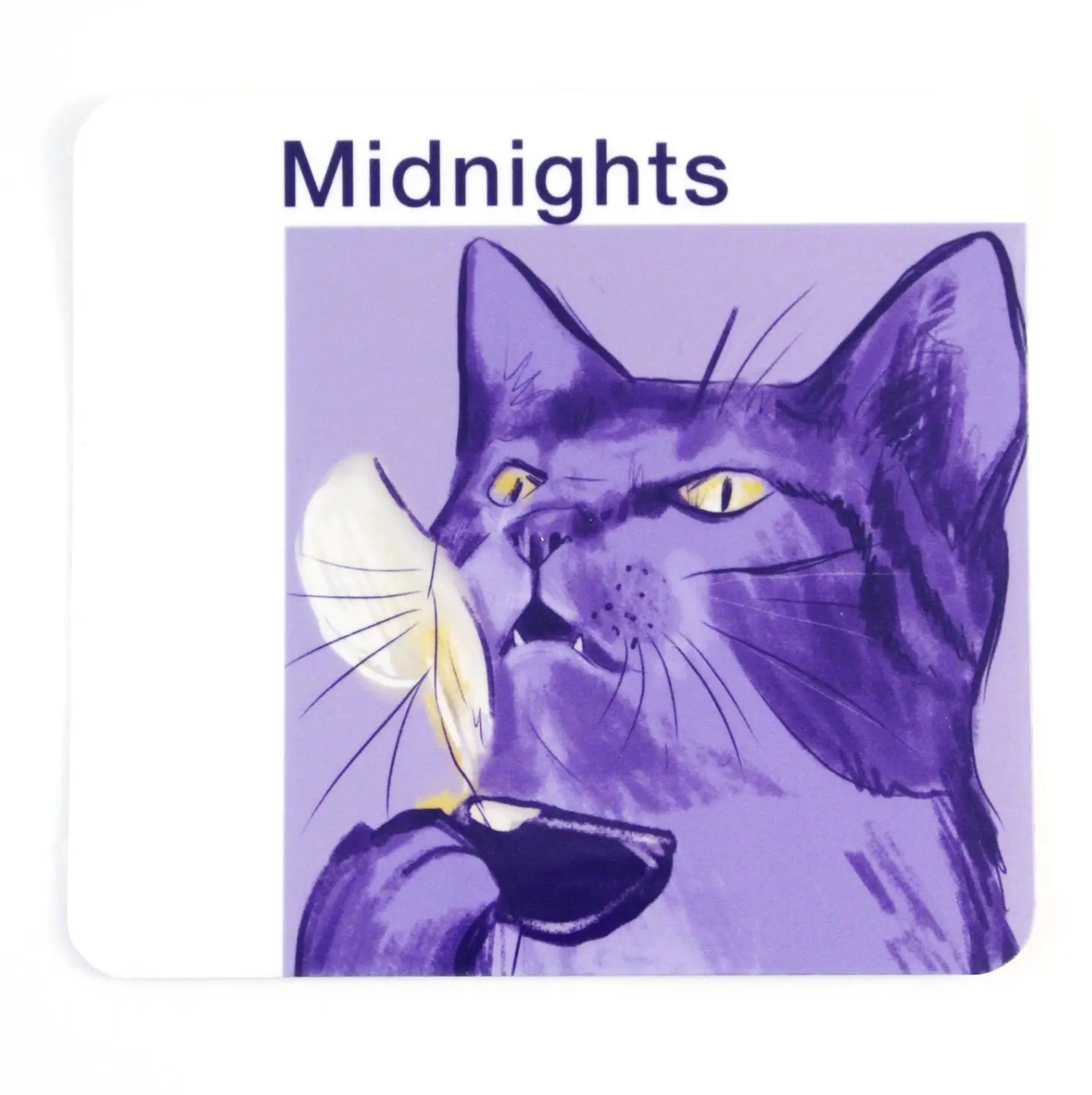 Illustration of a cat with a fish on a purple background, featuring the text 'Midnights'.
