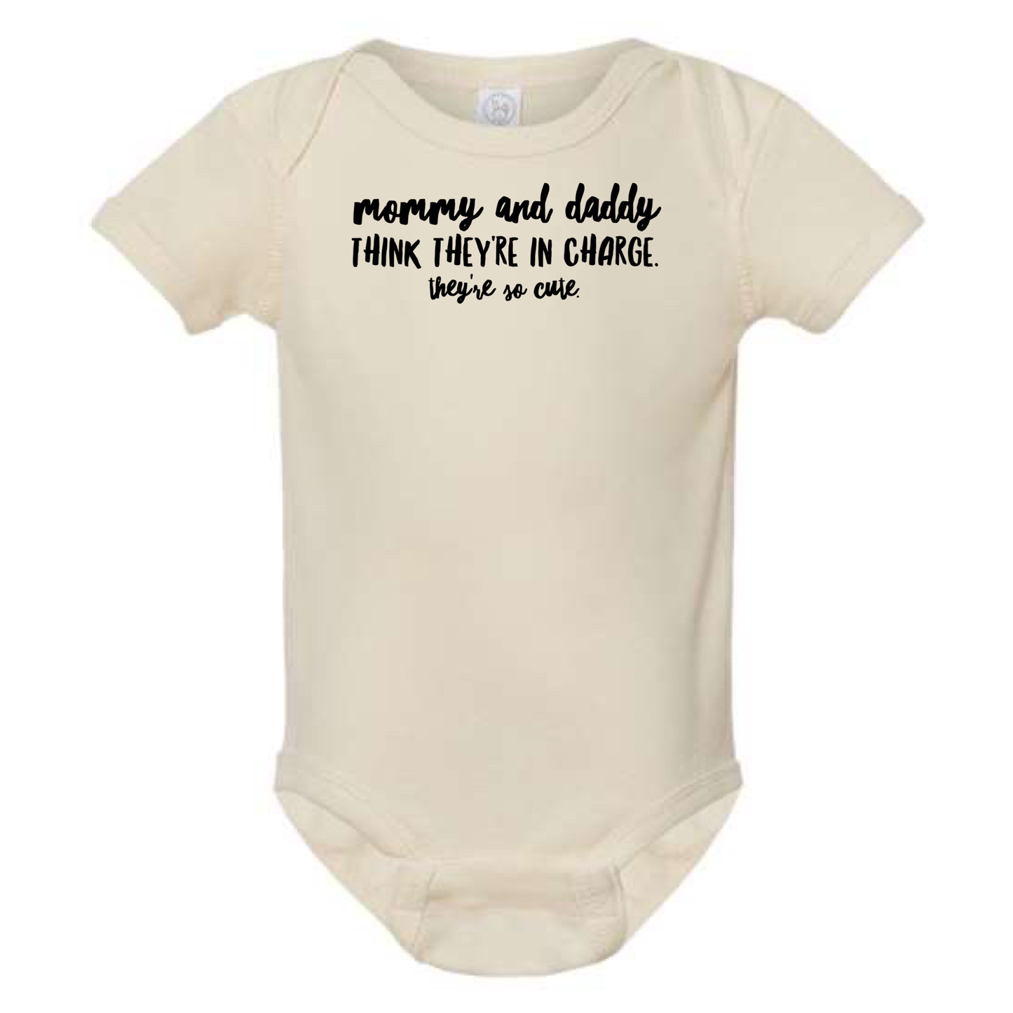 dkhandmade - MOMMY AND DADDY THINK THEY'RE IN CHARGE BABY ONESIE