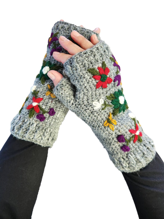 Yak & Yeti - Handmade Knit Fingerless Floral Gloves