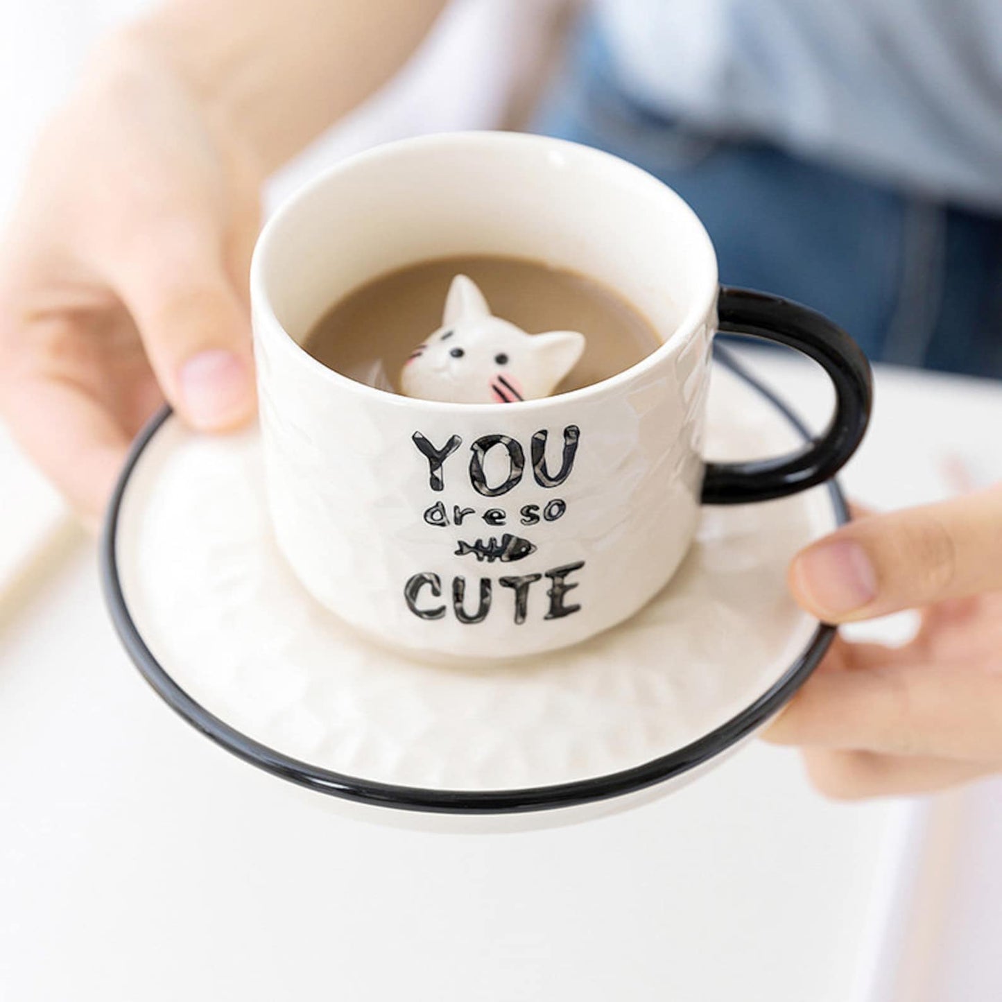 Green Pastures Wholesale - Adorable Ceramic Cat Cup with Saucers