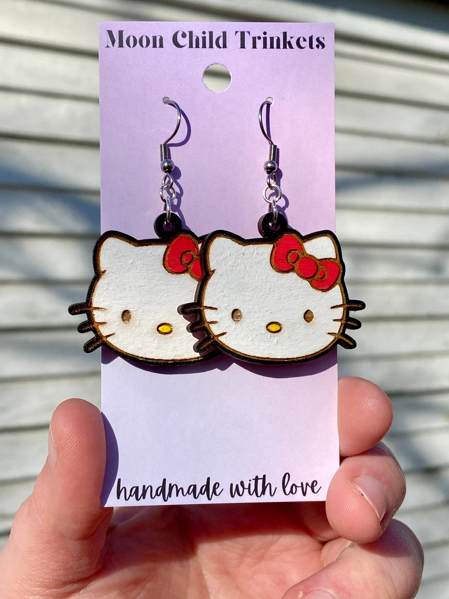 Moon Child Trinkets - Hello Kitty Hand Painted Wood Dangle Earrings