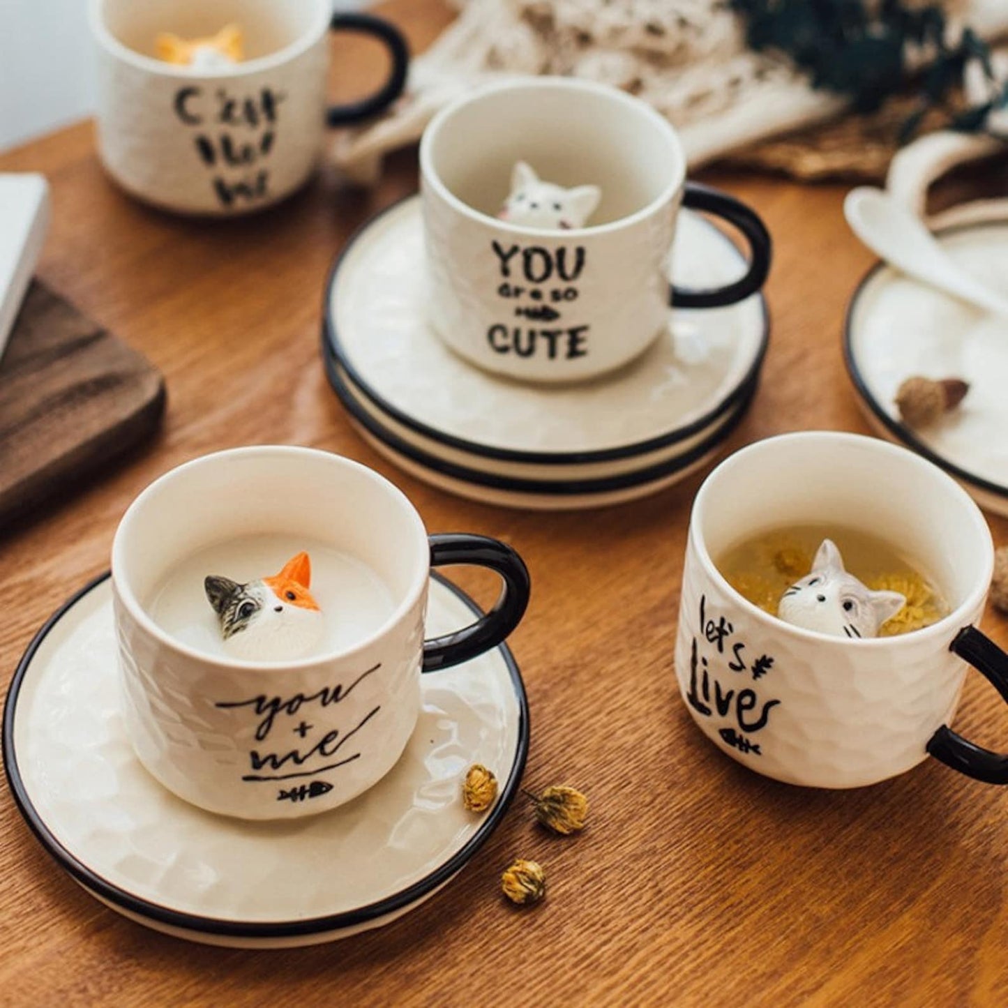 Green Pastures Wholesale - Adorable Ceramic Cat Cup with Saucers