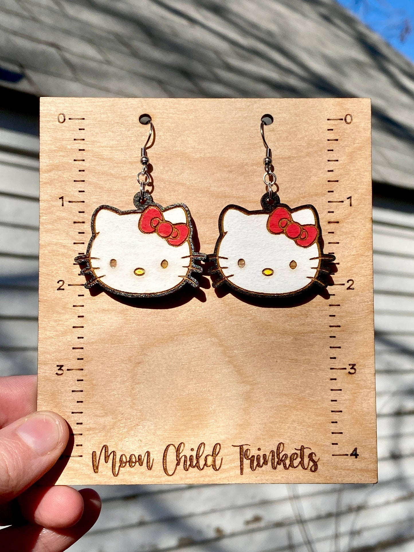 Moon Child Trinkets - Hello Kitty Hand Painted Wood Dangle Earrings