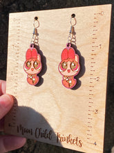 Load image into Gallery viewer, Moon Child Trinkets - Powerpuff Girls Blossom Hand Painted Wood Dangle Earrings
