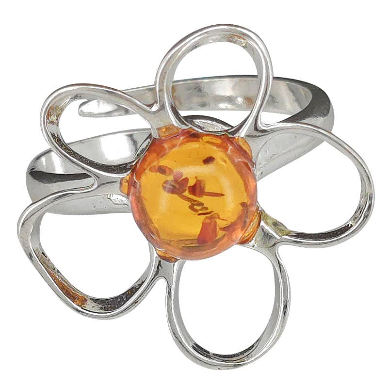 Amberman - Amber Sterling Silver Flower Adjustable Ring