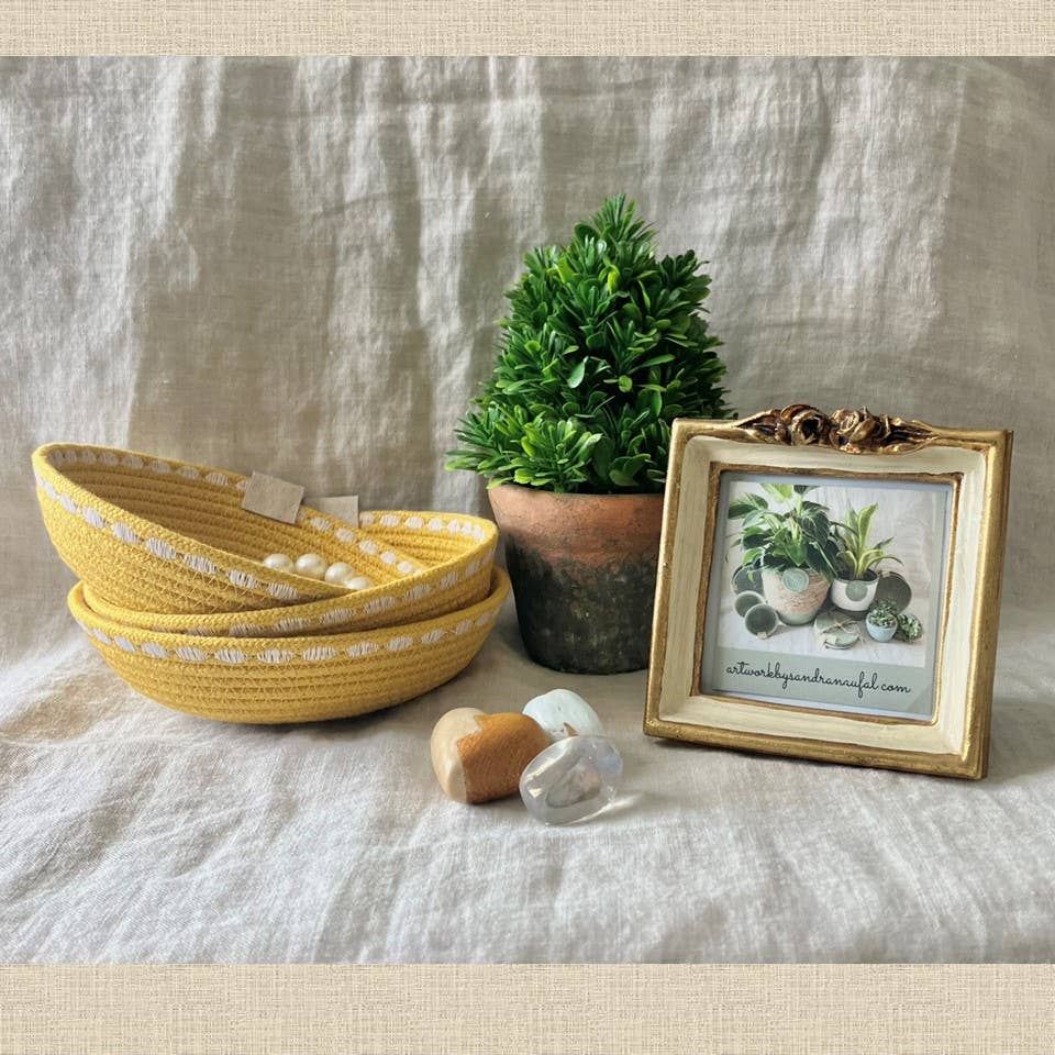 Artwork by Sandra Naufal - Yellow Trinket Rope Bowl with Decorative Stitching