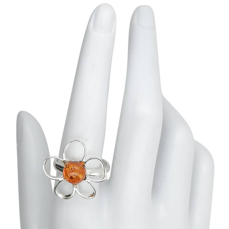 Amberman - Amber Sterling Silver Flower Adjustable Ring