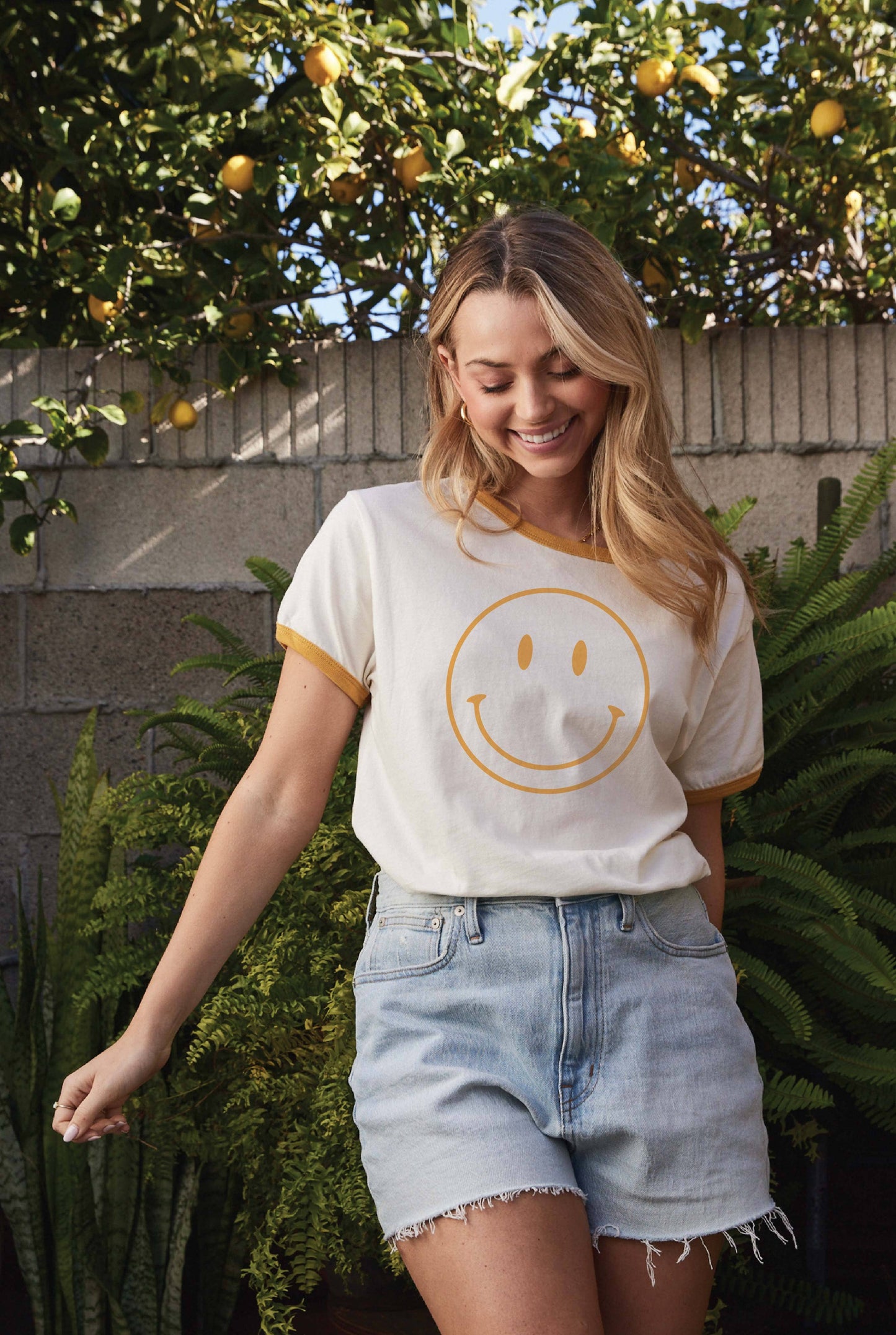 Oat Collective- Smiley Ringer Graphic T-Shirt