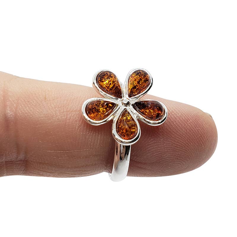 Amberman - Flower Cognac Amber Silver Adjustable Ring