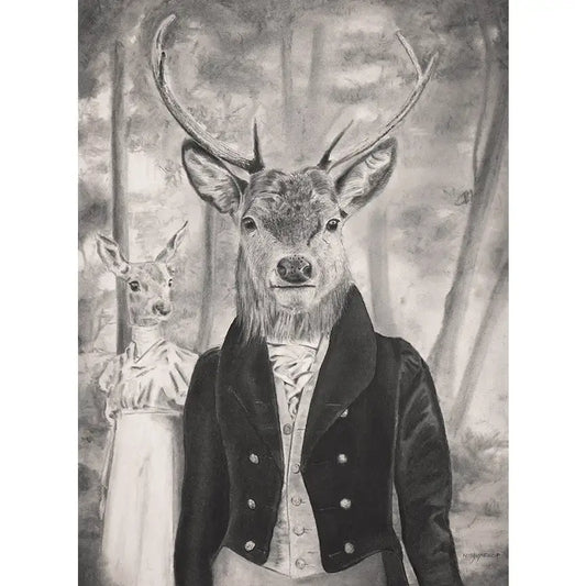 Keith Harrop - Pencil Art - Postcard #40 -  Stag in the woods (Regency era) Pencil art