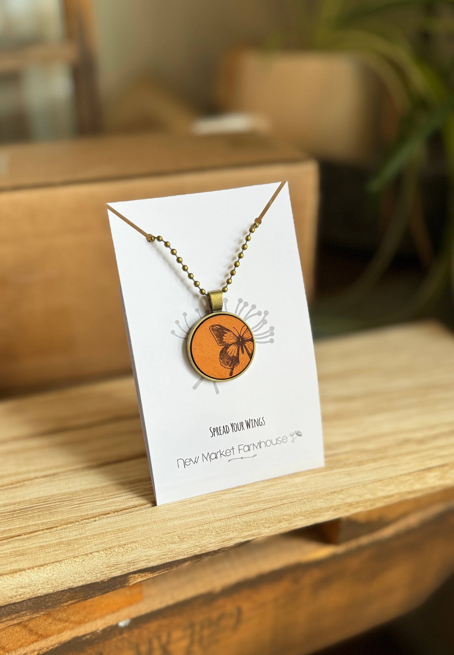 New Market Farmhouse - Butterfly Necklace - Leather Pendant Necklace