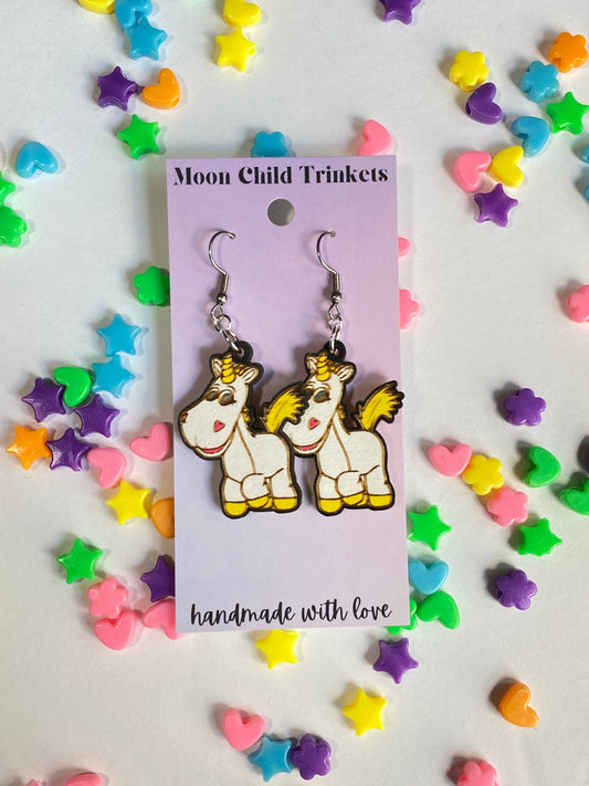 Moon Child Trinkets - Buttercup Unicorn Hand Painted Wood Dangle Earrings