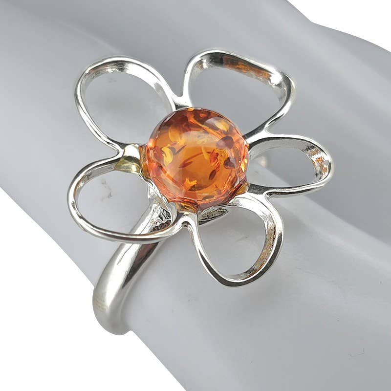 Amberman - Amber Sterling Silver Flower Adjustable Ring