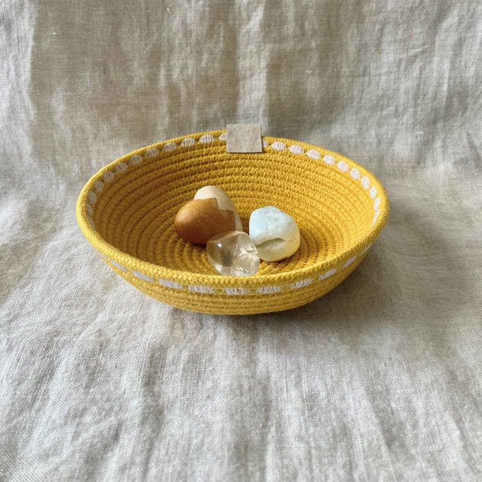 Artwork by Sandra Naufal - Yellow Trinket Rope Bowl with Decorative Stitching