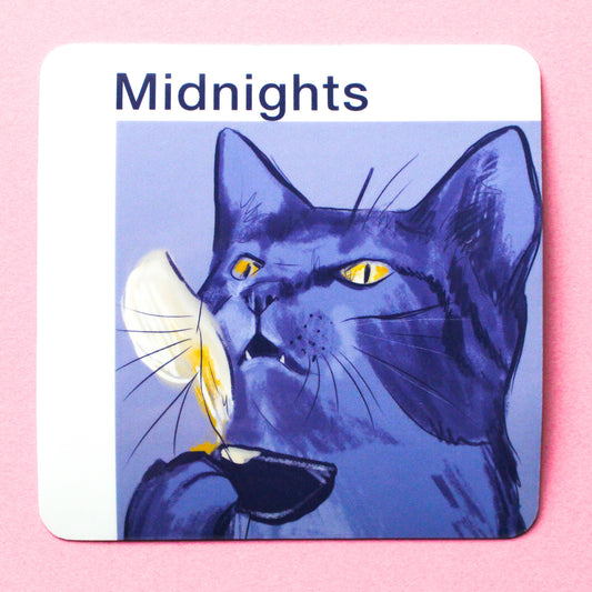 A cat illustration and 'Midnights' text on a pink background