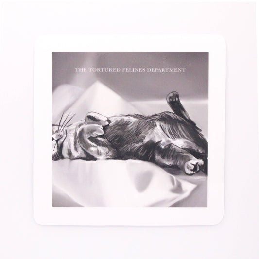 Album cover with a cat illustration and text 'The Tortured Felines Department' on a white background