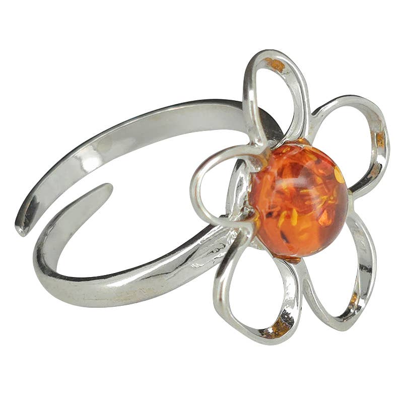 Amberman - Amber Sterling Silver Flower Adjustable Ring