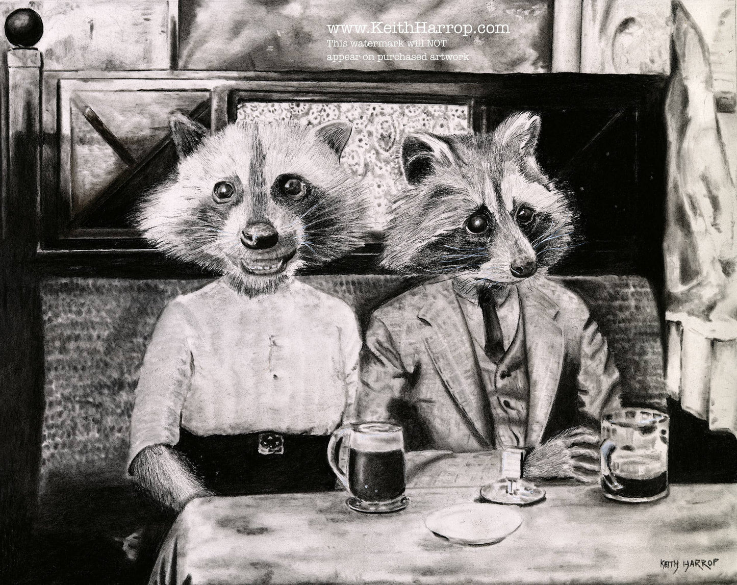 Keith Harrop - Pencil Art - Postcard. Two Raccoons.