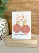 Load image into Gallery viewer, Finley River Millworks  Mandala Dangles Coral  Clay Earrings
