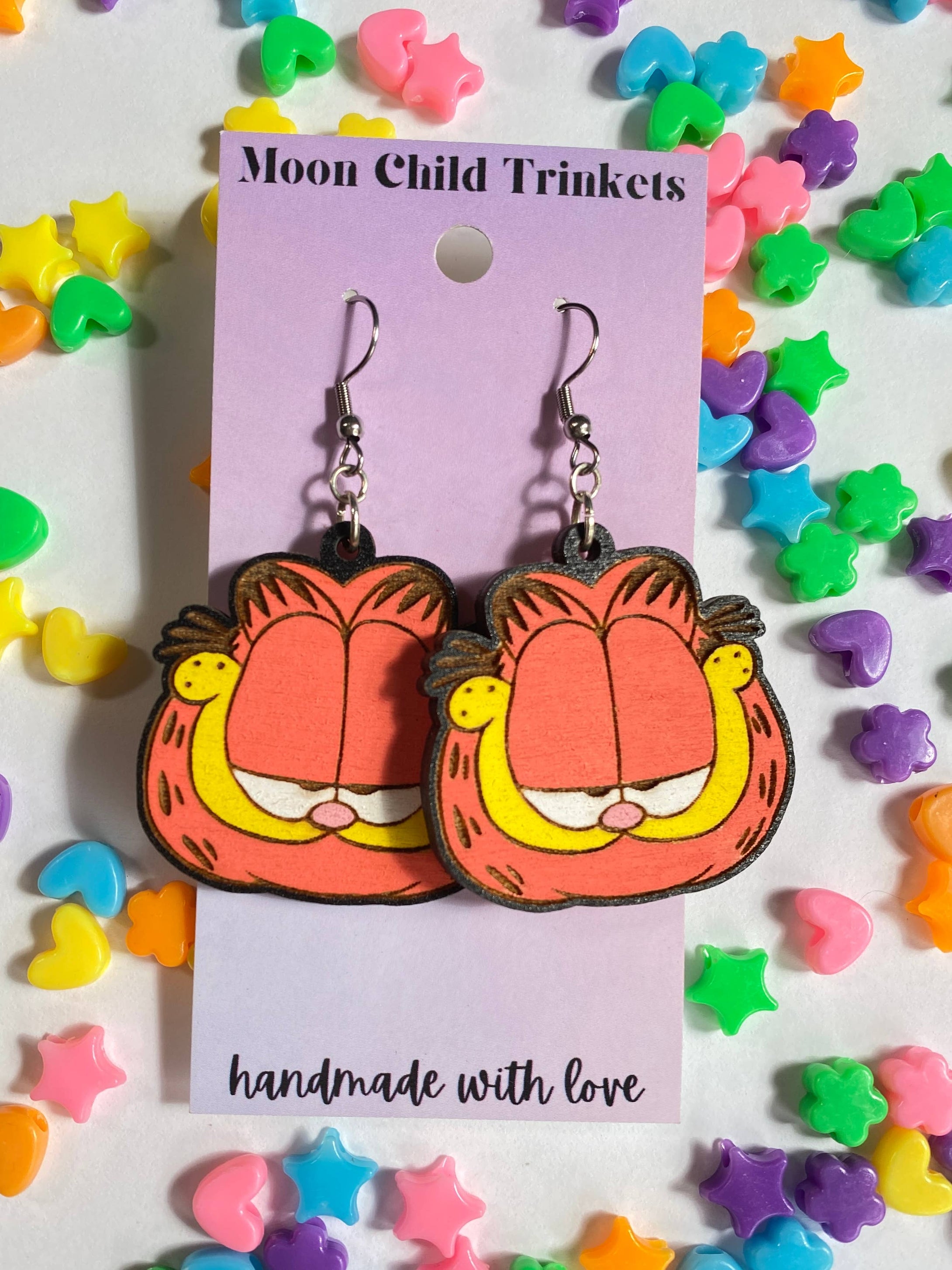 Moon Child Trinkets - Garfield Cat Hand Painted Wood Dangle Earrings