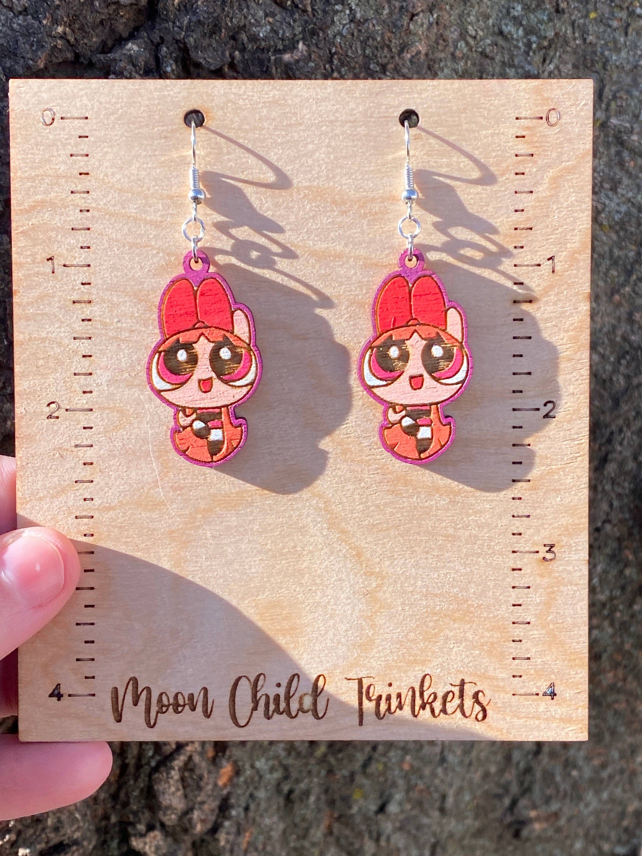 Moon Child Trinkets - Powerpuff Girls Blossom Hand Painted Wood Dangle Earrings